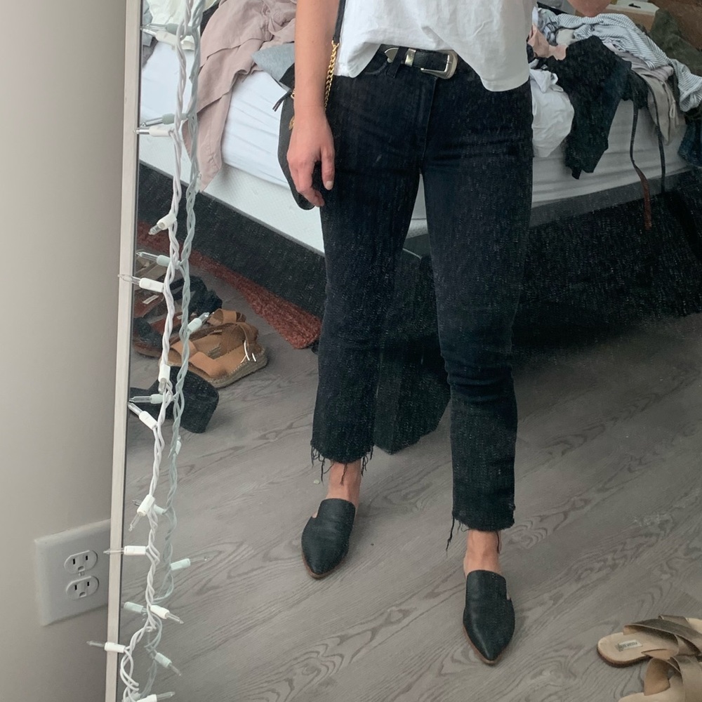 Black high waisted PAIGE cropped flare jeans